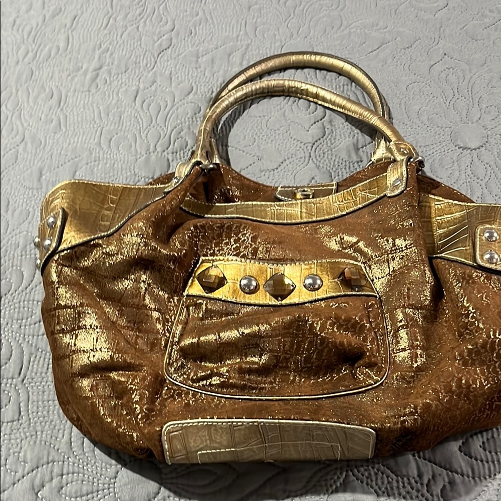 Kathy Van Zeeland Gold and Brown Shoulder Bag